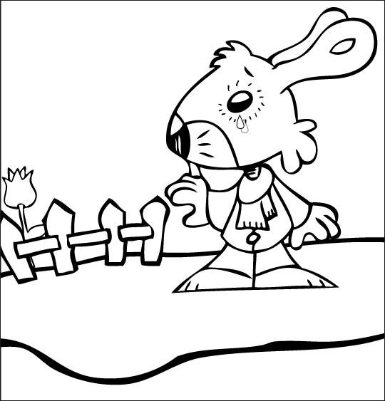 Coloriage pour enfants. Coloriage Mon petit lapin a bien du chagrin, dans le jardin, thème Fleurs