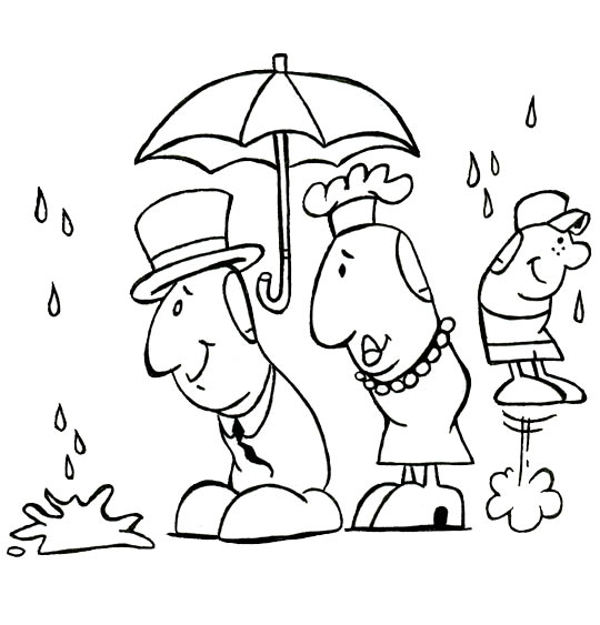 Coloriage pour enfants. Coloriage Monsieur et madame pouce sont à l'abri, petit pouce saute dans les flaques, thème Pluie