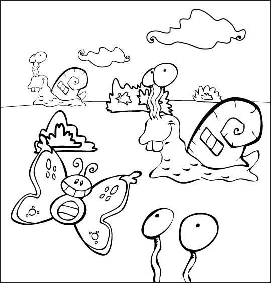 Coloriage pour enfants. Coloriage Petit escargot,  trois escargots et un papillon, catégorie Comptine Petit escargot