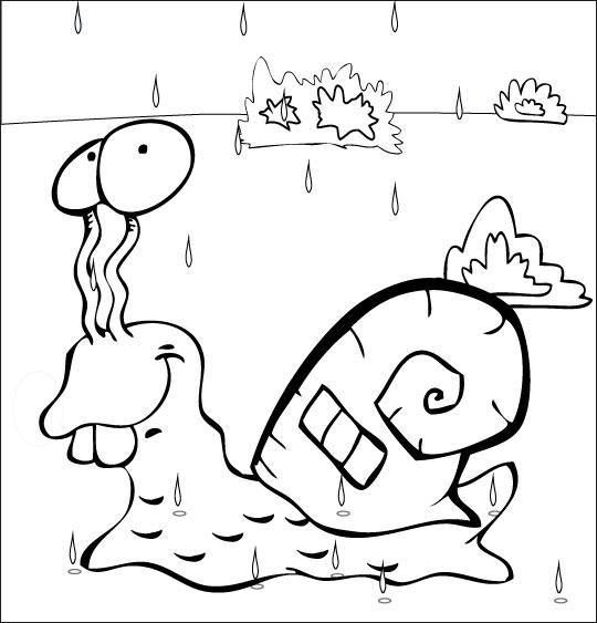 Coloriage pour enfants. Coloriage Petit escargot, un escargot et sa maison coquille sous la pluie, thème Escargot