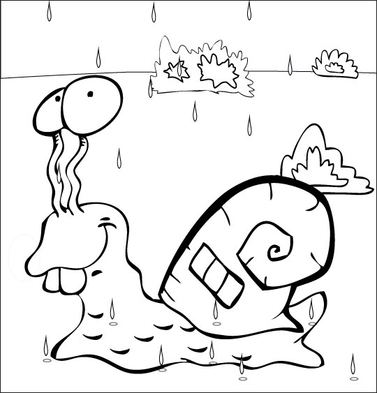 Coloriage pour enfants. Coloriage Petit escargot, un escargot et sa maison coquille sous la pluie, thème Pluie