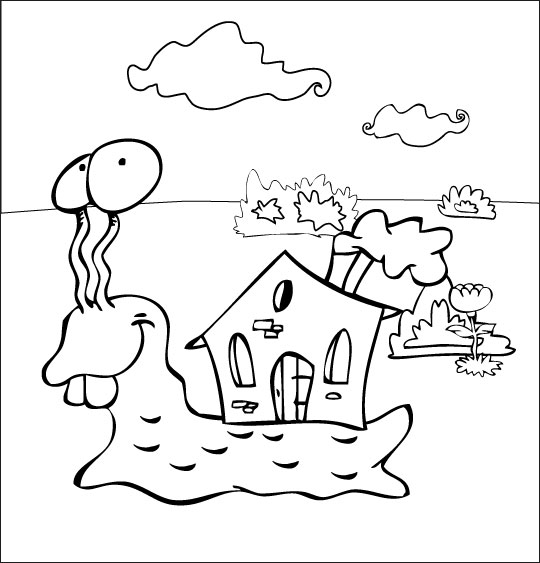 Coloriage pour enfants. Coloriage Petit escargot, un escargot et sa maison sur le dos, thème Nuages