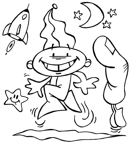 Coloriage pour enfants. Coloriage Petit pouce va se coucher, le coquin, il veut encore jouer, thème Lutin