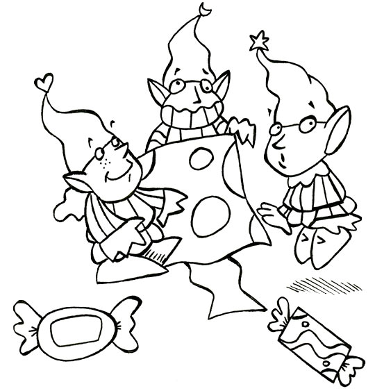 Coloriage pour enfants. Coloriage Petits lutins, dépêchez-vous, trois lutins qui travaillent, catégorie Comptine Petits lutins, dépêchez-vous