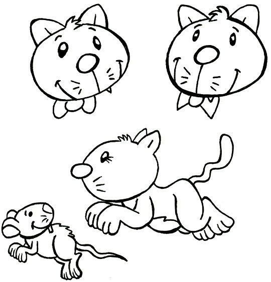 Coloriage pour enfants. Coloriage Trois chats sur le tapis, un chat bondit sur une souris, thème Souris