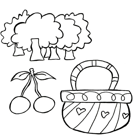 Coloriage pour enfants. Coloriage Un, deux, trois, nous irons au bois, le panier et les cerises, catégorie Comptine Un, deux, trois, nous irons au bois