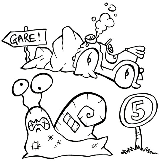 Coloriage pour enfants. Coloriage Un escargot qui partait en vacances, le fou, thème Voiture