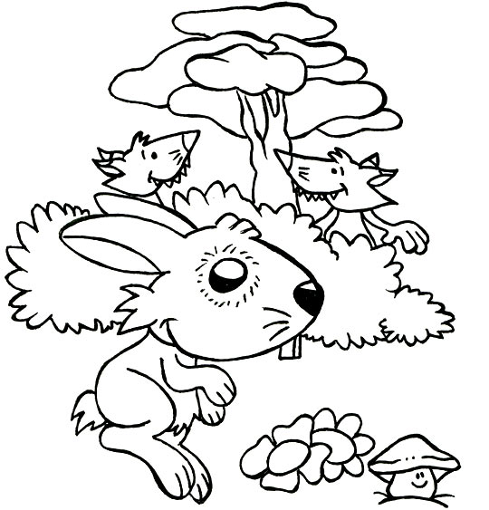 Coloriage pour enfants. Coloriage Un petit lapin, deux renards observent Petit Lapin, catégorie Comptine Un petit lapin