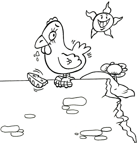 Coloriage pour enfants. Coloriage Une poule sur un mur, la poule picore du pain dur, thème Soleil