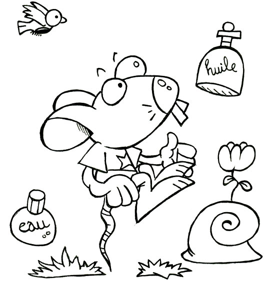 Coloriage pour enfants. Coloriage Une souris verte, de l'huile, de l'eau et un escargot, thème Oiseaux