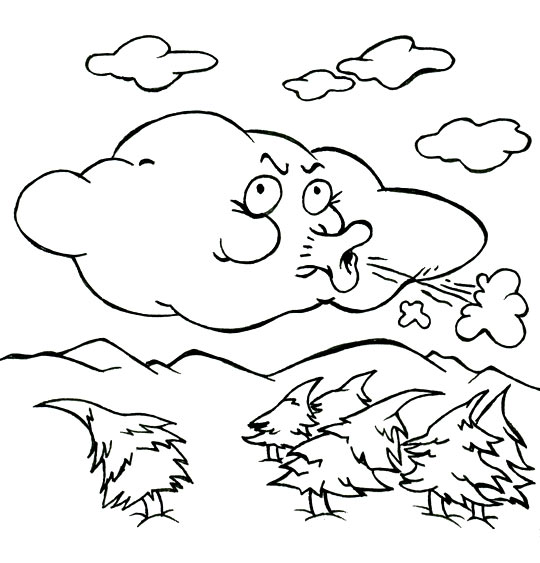 Coloriage pour enfants. Coloriage Vent frais, vent du matin, le nuage qui souffle, thème Vent