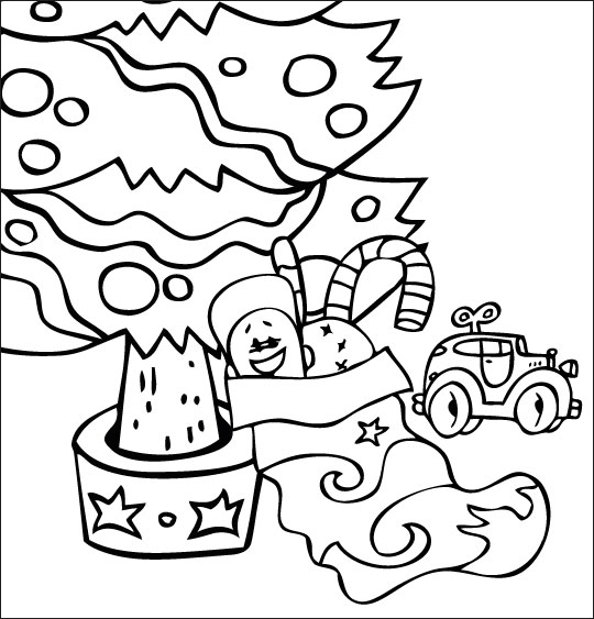 Coloriage Conte La Nuit avant Noël, la chaussette de Noël sous le sapin