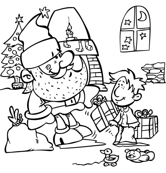 Coloriage pour enfants. Coloriage La Nuit avant Noël, Le pére Noël donne les cadeaux, thème Noël