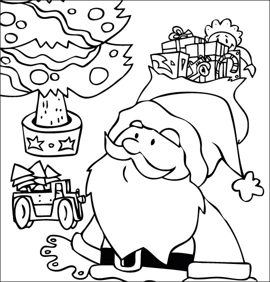 Coloriage pour enfants. Coloriage La Nuit avant Noël, Le père Noël dubitatif sous le sapin, catégorie Conte La Nuit avant Noël