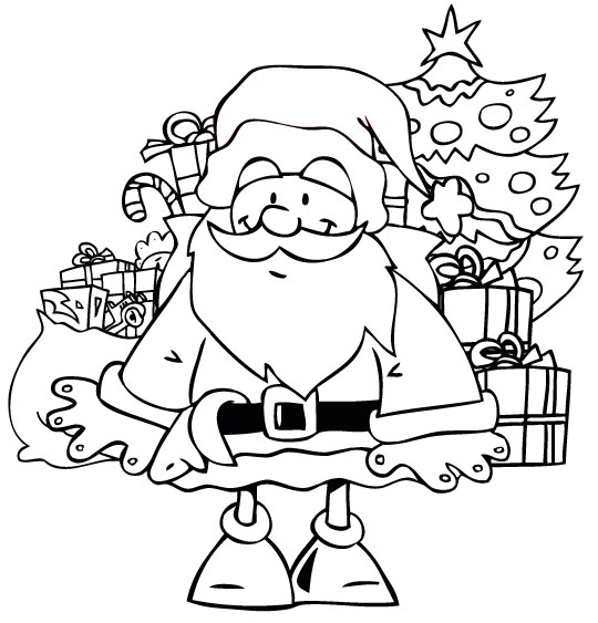 Coloriage pour enfants. Coloriage La Nuit avant Noël, Le père Noël et les jouets sous le sapin, thème Sapin