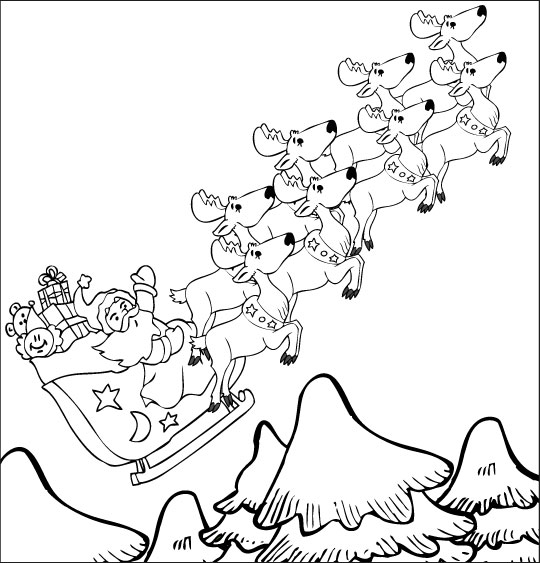 Coloriage pour enfants. Coloriage La Nuit avant Noël, le père Noël  et son traineau sous la neige, thème Cadeau