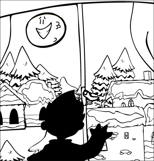 Coloriage pour enfants. Coloriage La Nuit avant Noël, un enfant cherche le père Noël, thème Enfants