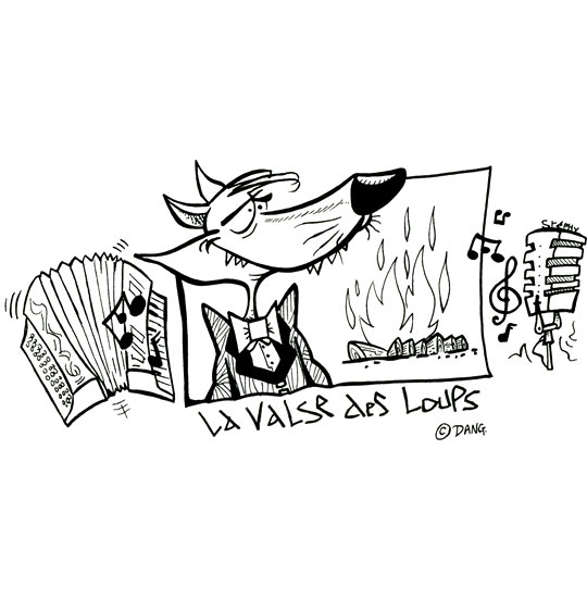 Coloriage pour enfants. Coloriage La Valse des Loups, un loup, un accordéon, un micro et un feu de bois, catégorie Conte La Valse des Loups