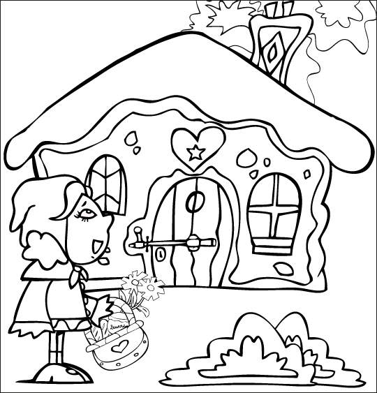 Coloriage pour enfants. Coloriage du petit chaperon rouge et de la maison de la grand-mére, thème Maisons