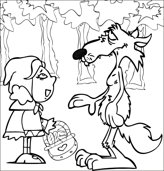 Coloriage pour enfants. Coloriage du petit chaperon rouge et du loup, thème Gâteaux