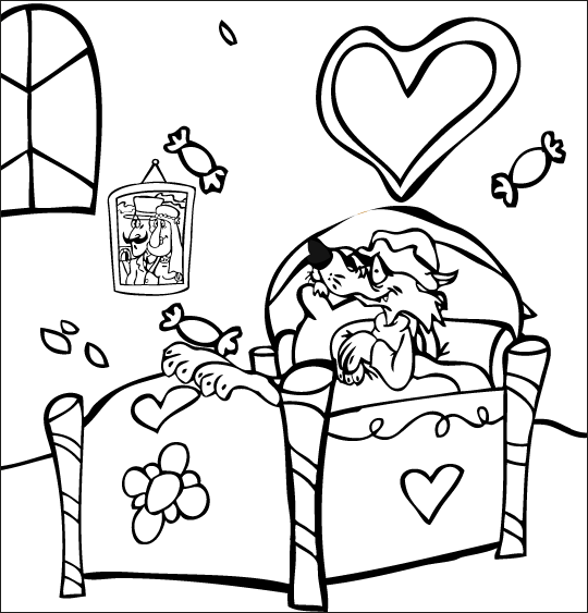 Coloriage pour enfants. Coloriage du petit chaperon rouge : le loup est dans le lit, thème Meubles