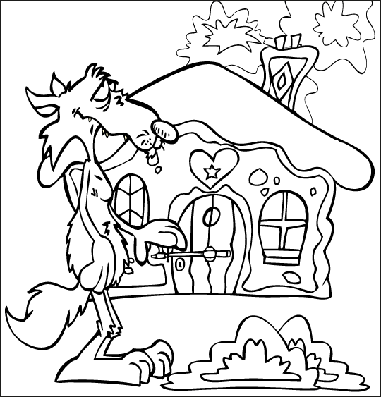 Coloriage pour enfants. Coloriage du petit chaperon rouge, le loup est devant la maison, thème Loups