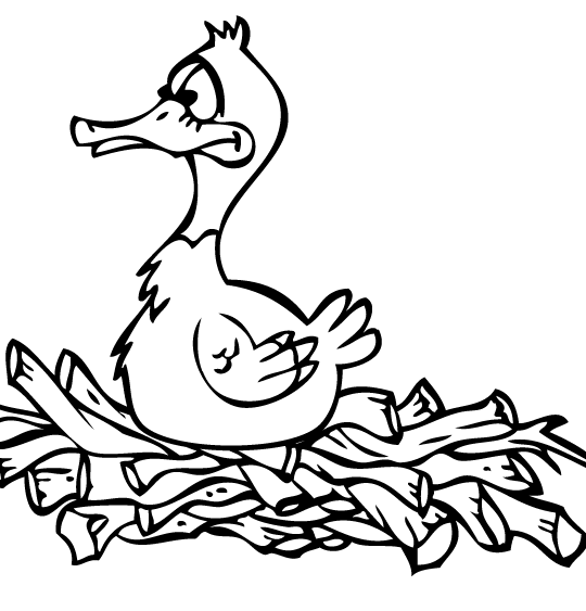 Coloriage pour enfants. Coloriage du vilain petit canard, maman canne couve ses oeufs, thème Canard