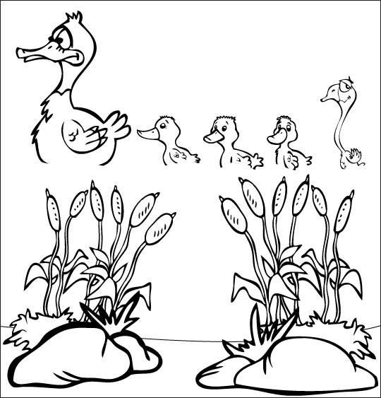Coloriage pour enfants. Coloriage du vilain petit canard, maman canne promène ses petits sur l'eau, thème Canard
