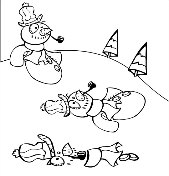 Coloriage pour enfants. Coloriage poésie de Noël, le bonhomme de neige fond sous le soleil, thème Neige