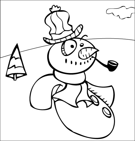 Coloriage pour enfants. Coloriage poésie de Noël, le bonhomme de neige avec sa pipe en bois, thème Neige