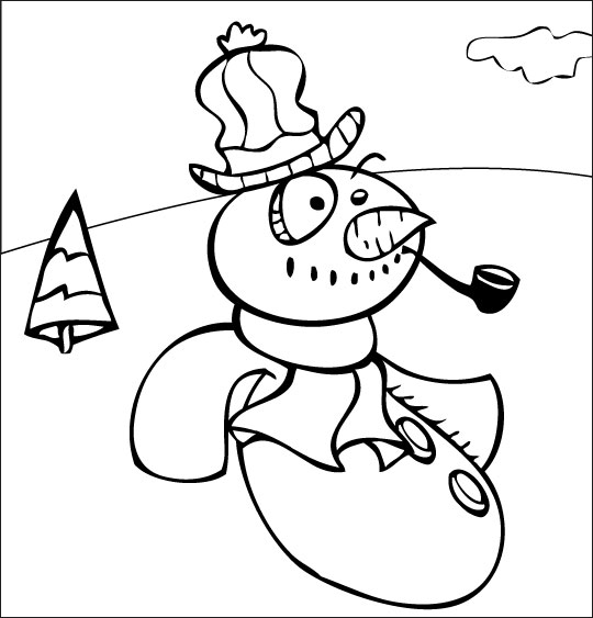 Coloriage pour enfants. Coloriage poésie de Noël, le bonhomme de neige avec sa pipe en bois, thème Montagnes