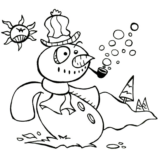 Coloriage Poésie de Noël Le bonhomme de neige, le bonhomme fait des bulles de savon