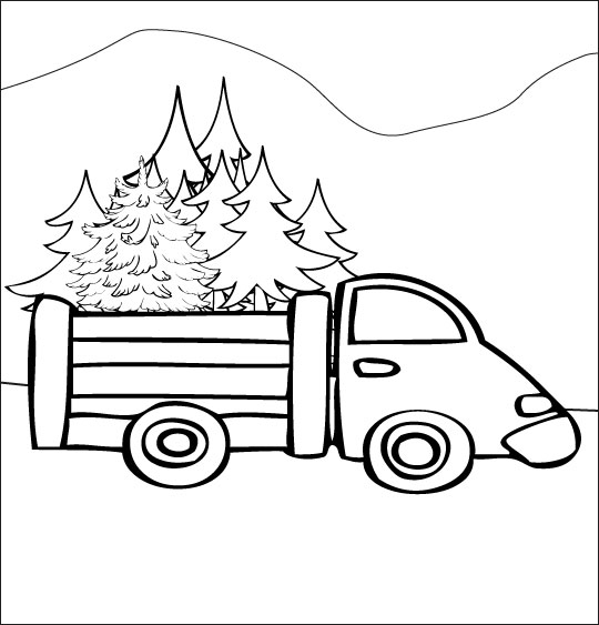 Coloriage pour enfants. Coloriage Le sapin de Noël, le camion qui transporte les sapins, thème Sapin