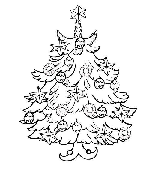 Coloriage pour enfants. Coloriage Le sapin de Noël, un sapin avec des étoiles et des boules de Noël, illustrateur Rydlova