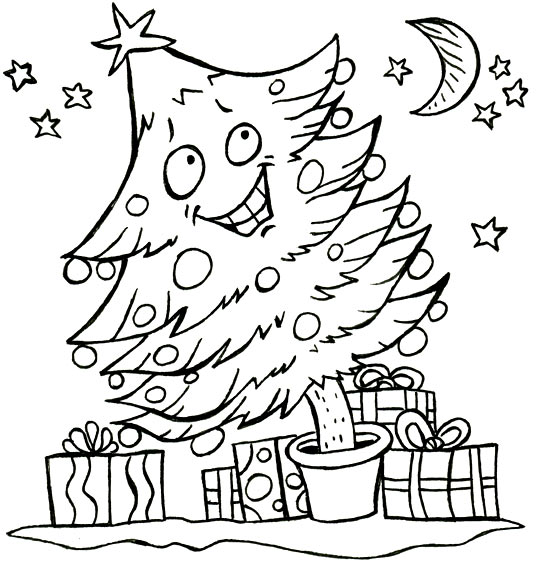 Coloriage pour enfants. Coloriage Le sapin de Noël, un sapin de Noël sous les étoiles, illustrateur Dang