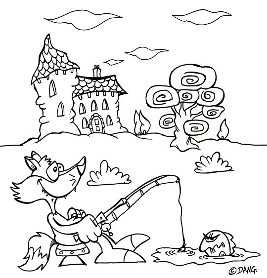 Coloriage pour enfants. Coloriage des vacances d'été à la campagne, le renard pêche, thème Poisson