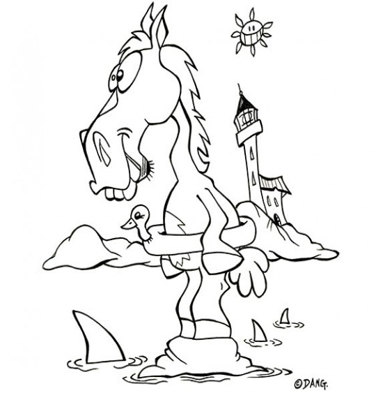 Coloriage pour enfants. Coloriage des vacances d'été à la mer, un cheval hésite à se baigner, catégorie Vacances avec les enfants, une rubrique Stéphyprod