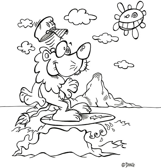 Coloriage pour enfants. Coloriage des vacances d'été à la mer, un lion sur la vague, thème Nuages