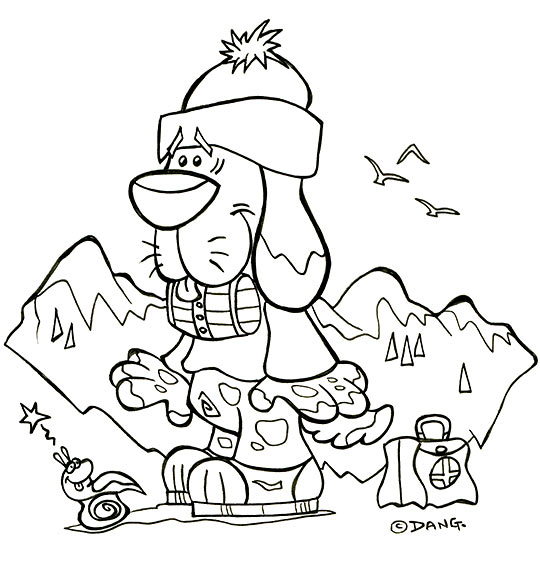 Coloriage pour enfants. Coloriage des vacances d'été à la montagne, le chien Saint Bernard, thème Escargot