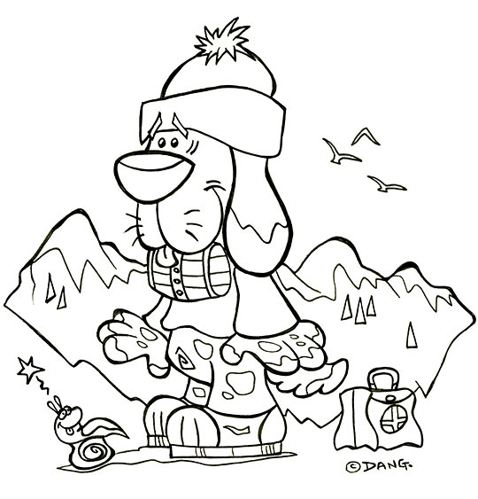 Coloriage pour enfants. Coloriage des vacances d'été à la montagne, le chien Saint Bernard, thème Chien