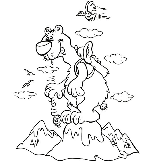 Coloriage pour enfants. Coloriage des vacances d'été à la montagne, un ours au sommet, illustrateur Dang