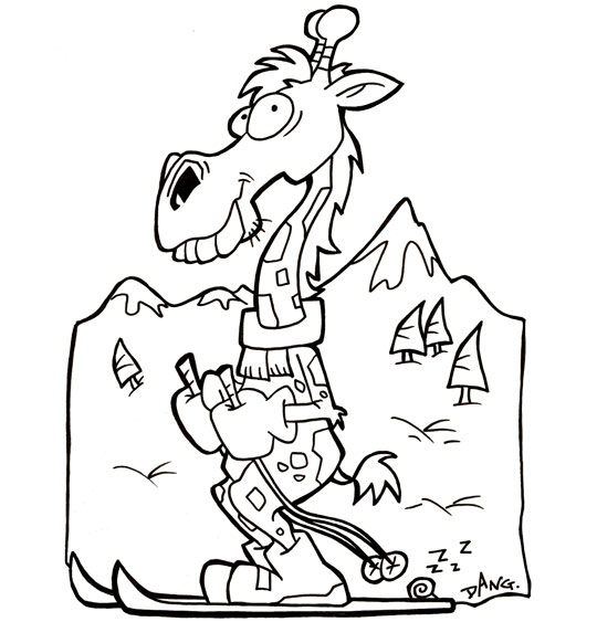 Coloriage pour enfants. Coloriage des vacances de février, une girafe fait du ski à la montagne, thème Neige