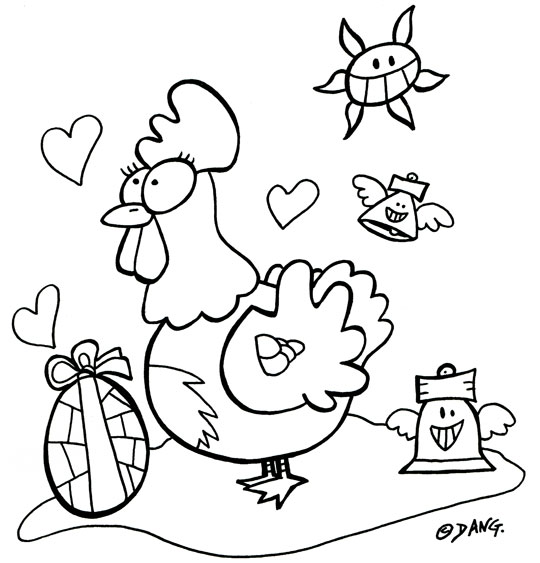 Coloriage pour enfants. Coloriage Vacances de Pâques, une poule amoureuse d'un oeuf en chocolat, illustrateur Dang