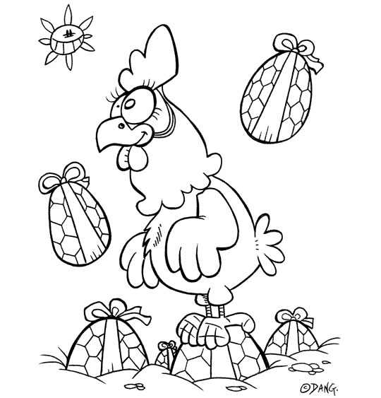 Coloriage pour enfants. Coloriage Vacances de Pâques, une poule au milieu des oeufs de Pâques, thème Pâques