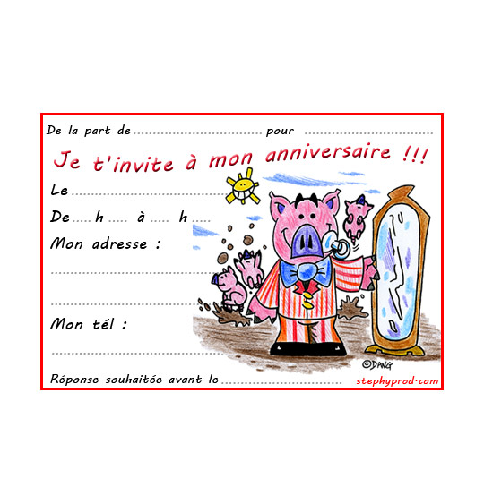 Dessin carte anniversaire pour enfant, bébé cochon est tout beau, catégorie Carton invitation anniversaire animaux