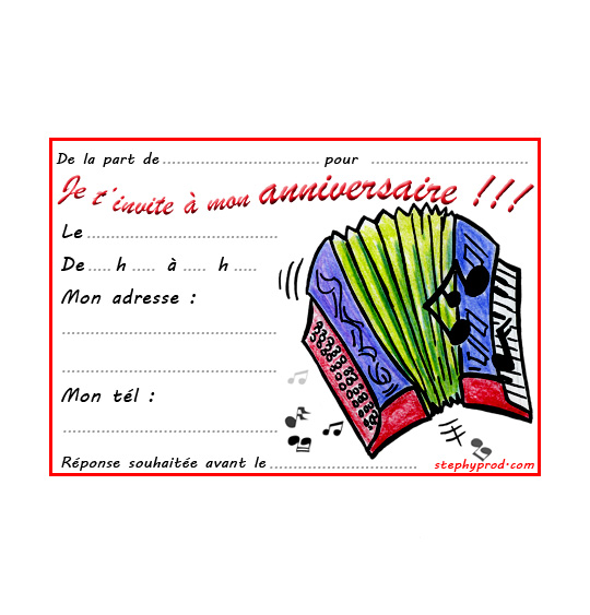 Dessin carte anniversaire pour enfant, l'accordéon, thème Anniversaire