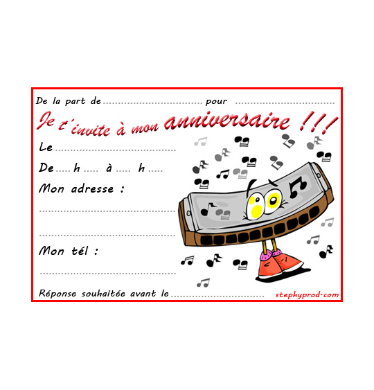 Dessin carte anniversaire pour enfant, un harmonica, catégorie Carton invitation anniversaire personnages