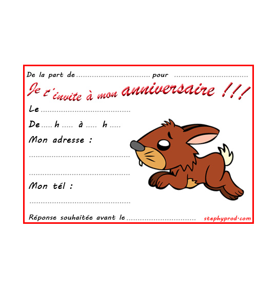 Dessin carte anniversaire pour enfant, un lapin gambade, catégorie Carton invitation anniversaire animaux