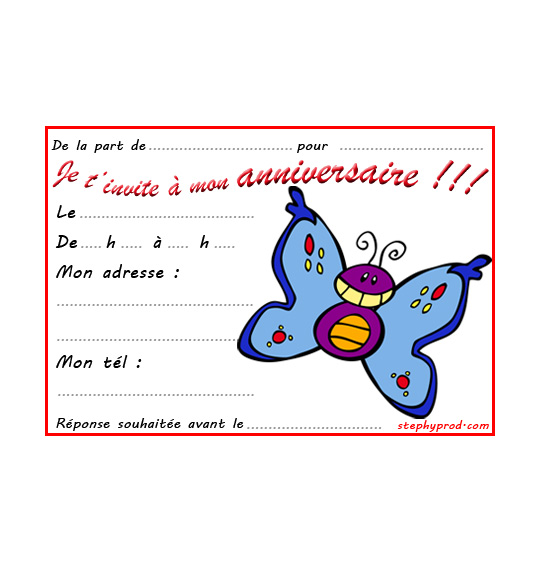 Dessin carte anniversaire pour enfant, un papillon bleu, catégorie Carton invitation anniversaire animaux