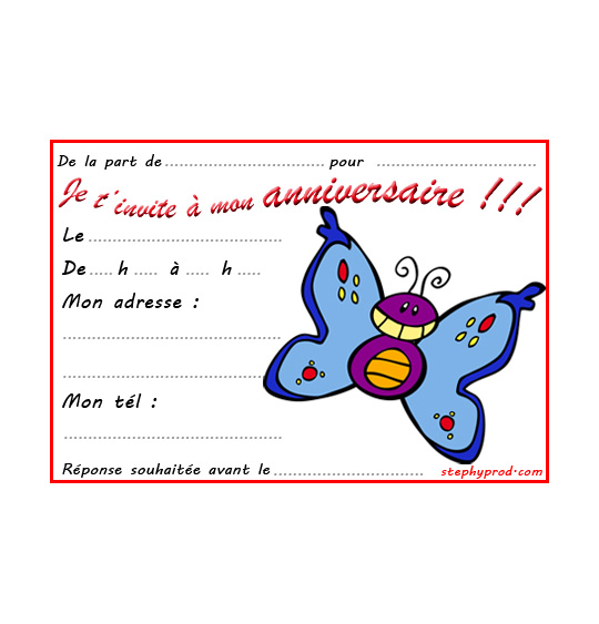 Dessin carte anniversaire pour enfant, un papillon bleu, catégorie Carton invitation anniversaire nature